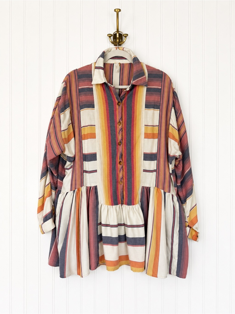 Free People Striped Colorblock Ruffle Peplum Button Front Tunic Top XS